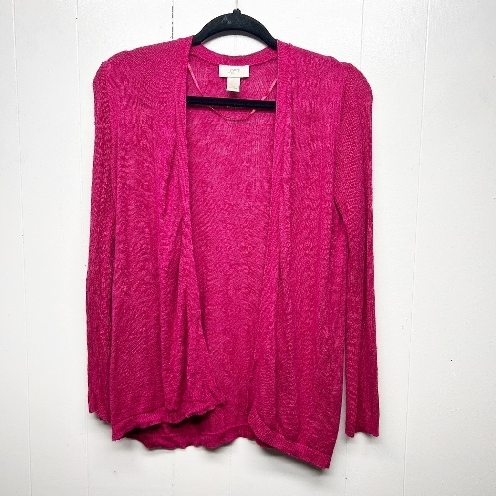 LOFT Silk Ramie Blend Long Sleeve Open Front Women's Pink Cardigan Size Medium - Picture 2 of 12